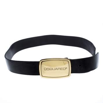 Pre Owned Dsquared2 Black Leather Logo Plaque Buckle Belt Medium