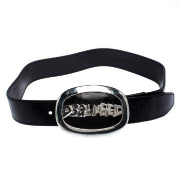 Pre Owned Dsquared2 Black Leather Oval Logo Plaque Buckle Belt Small