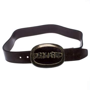 Pre Owned Dsquared2 Brown Leather Oval Logo with Fur Plaque Buckle Belt Small