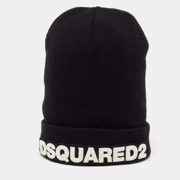 Pre Owned Dsquared2 Black Logo Embroidered Wool Beanie 