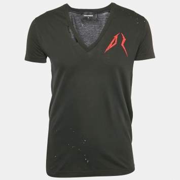 Pre Owned Dsquared2 Black Cotton V-Neck Distressed T-Shirt M
