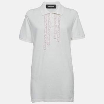 Pre Owned Dsquared2 White Cotton Ruffle Detail Polo T-Shirt M