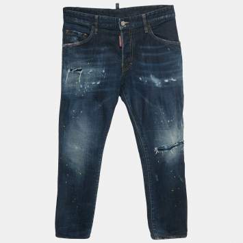 Pre Owned Dsquared2 Blue Denim Distressed Straight Fit Jeans M/Waist 32"