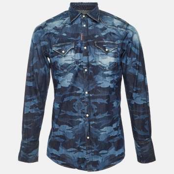 Pre Owned Dsquared2 Blue Military Printed Denim Button Front Shirt M