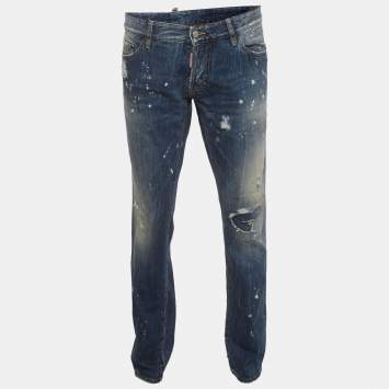مملوكة مسبقًا Dsquared2 Blue Paint Splatter Denim Ripped Distressed Jeans XL/Waist 37"