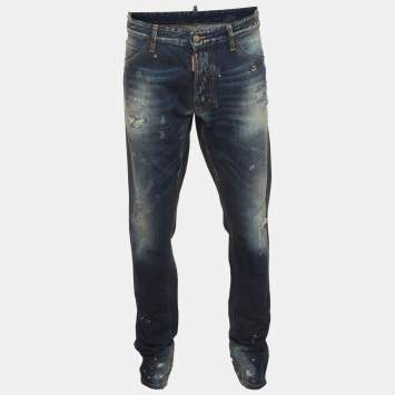 Pre Owned Dsquared2 Blue Paint Splatter Distressed Denim Jeans XL/Waist 38"