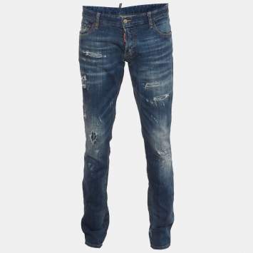 Pre Owned Dsquared2 Blue Paint Splatter Distressed Denim Slim Fit Jeans XL/Waist 38"