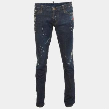 Pre Owned Dsquared2 Blue Paint Splattered Distressed Denim Slim Fit Jeans XL/Waist 37"