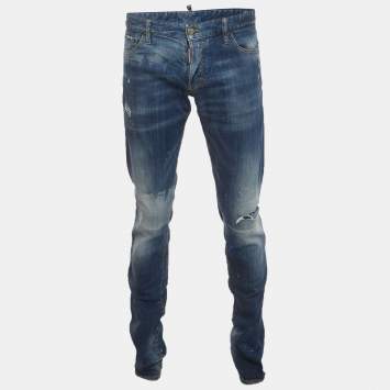 Pre Owned Dsquared2 Blue Paint Splattered Distressed Denim Slim Fit Jeans XL/Waist 38"