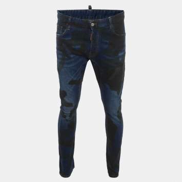 Pre Owned DSQUARED2 Navy Blue Printed Denim Tidy Biker Jeans L/ Waist 36" 