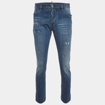 Pre Owned Dsquared2 Blue Paint Splattered Distressed Denim Jeans XL/Waist 36"
