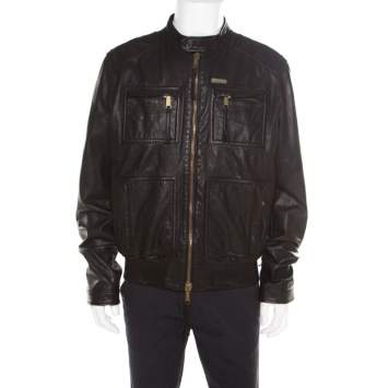 Pre Owned Dsquared2 Black Goat Leather Zip Front Biker Jacket 3XL