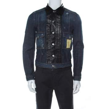Pre Owned Dsquared2 Blue Denim Distressed Detail Leather Trim Jacket M