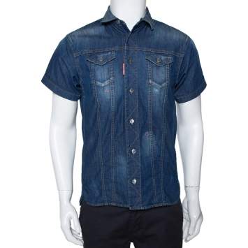 Pre Owned Dsquared2 Blue Denim Distressed Patch Detail Short Sleeve Shirt XS