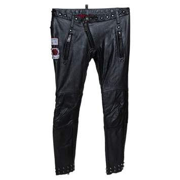 Pre Owned Dsquared2 Black Calf Leather Patch Detail Biker Pants L 