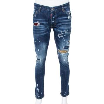 Pre Owned Dsquared2 Blue Distressed Denim Patched Classic Kenny Twist Jeans M