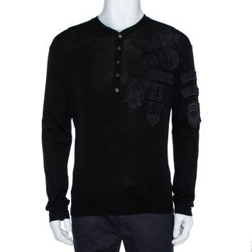 Pre Owned Dsquared2 Black Wool Knit Badge Detailed Henley T-Shirt M
