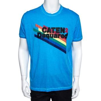 Pre Owned Dsquared2 Blue Cold Pigment Dyed Rainbow Print T-Shirt XXL