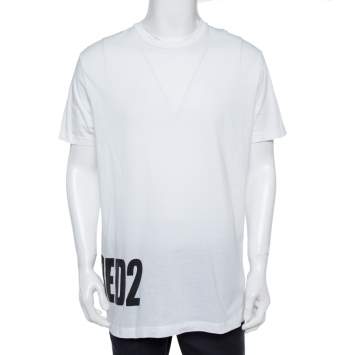 Pre Owned Dsquared2 White Logo Print Cotton Long Cool Fit T-Shirt XXL
