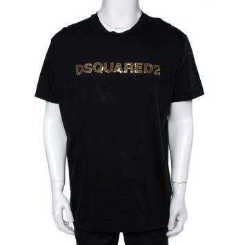 Pre Owned Dsquared2 Black Cotton Logo Sequinned Long Cool Fit T-Shirt XXL