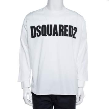 Pre Owned Dsquared2 White Logo Print Cotton Long Sleeve Shirt XL