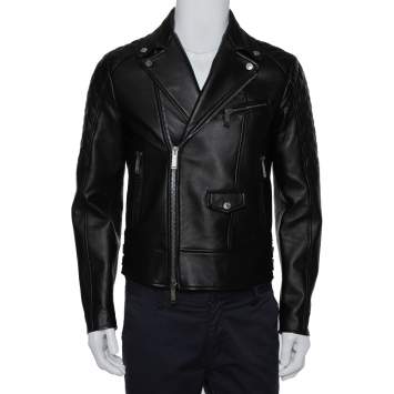 Pre Owned Dsquared2 Black Leather Quilted Panel Detail Zip Front Jacket M