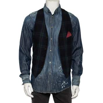 Pre Owned Dsquared2 Blue Dirty Denim Checkered Wool Vest Detail Shirt M 