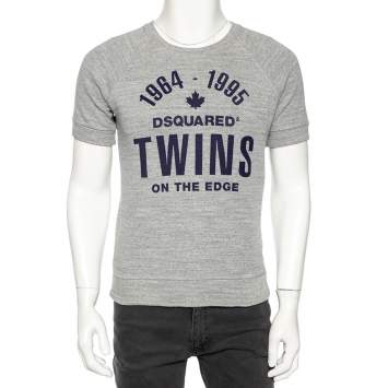 Pre Owned Dsquared2 Grey Ribbed Knit Printed Detail T-Shirt S