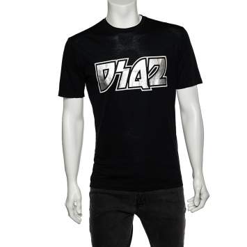 Pre Owned Dsquared2 Black Metallic Logo Printed Cotton Crewneck T-Shirt M