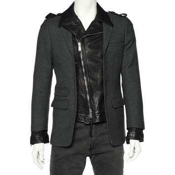 Pre Owned Dsquared2 Grey Wool & Black Leather Trim Biker Jacket S