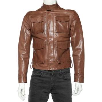 Pre Owned Dsquared2 Brown Leather Stand Collar Jacket S