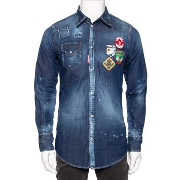 Pre Owned Dsquared2 Blue Distressed Denim Patch Appliqued Button Front Shirt M
