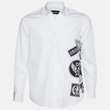 Pre Owned Dsquared2 White Cotton Logo Print Button Front Shirt XS