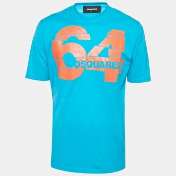 Pre Owned Dsquared2 Bright Blue Cotton Logo Print Crewneck T-Shirt L