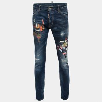Pre Owned Dsquared2 Blue Distressed Denim Samurai Printed Jeans M Waist 33"