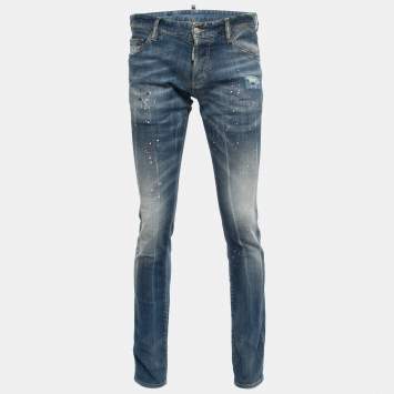 Pre Owned Dsquared2 Light Blue Distressed Denim Splash Paint Detail Jeans M Waist 36"