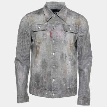 Pre Owned Dsquared2 Grey Splatter Effect Denim Metal Studded Jacket L