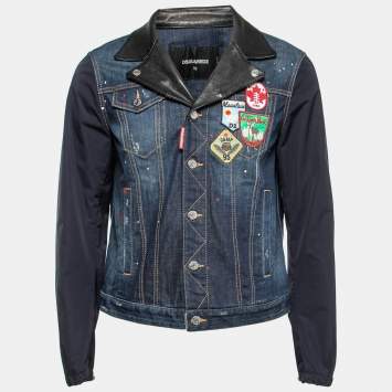 Pre Owned Dsquared2 Navy Blue Denim & Leather Collar Detail Jacket L