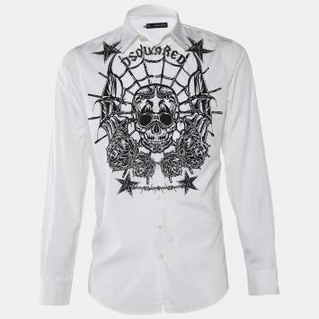 Pre Owned Dsquared2 White Skull Stars Texture Printed Cotton Button Front Shirt XL