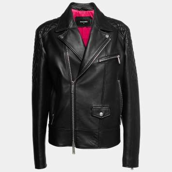 Pre Owned Dsquared2 Black Leather Quilted Biker Jacket XL