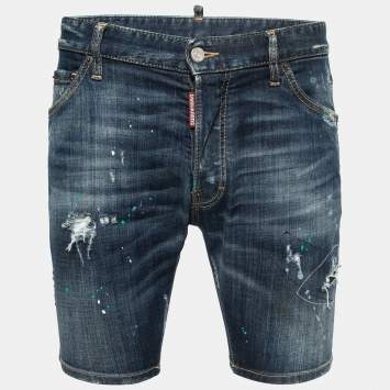Pre Owned DSquared2 Blue Distressed Paint Splattered Denim Shorts M Waist 33"