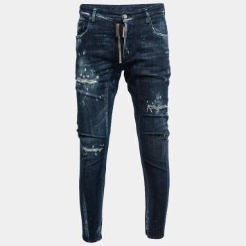 Pre Owned Dsquared2 Blue Distressed Paint Splattered Denim Biker Jeans S Waist 32"