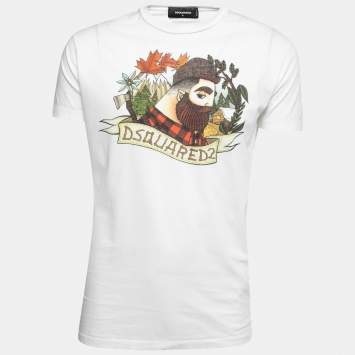 Pre Owned Dsquared2 White Lumberjack Print Cotton Crew Neck T-Shirt M