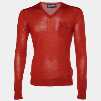 Pre Owned Dsquared2 Brick Orange Wool Knit V-Neck Pullover M