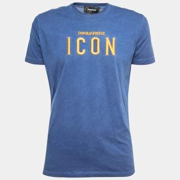 Pre Owned Dsquared2 Blue Logo Embroidered Cotton Crew Neck Half Sleeve T-Shirt L