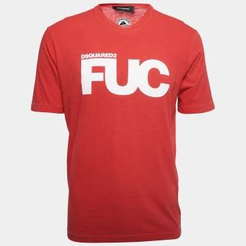 Pre Owned Dsquared2 Red Logo Print Cotton Crew Neck Half Sleeve T-Shirt M