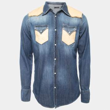 Pre Owned Dsquared2 Blue Washed Denim Raphia Trimmed Button Front Full Sleeve Shirt L