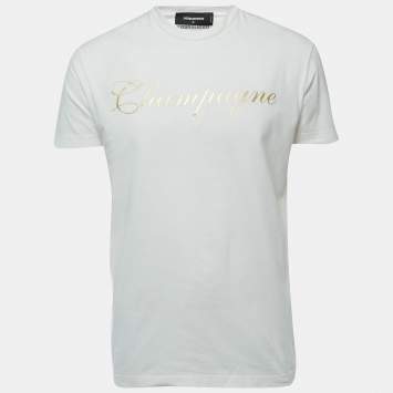 Pre Owned Dsquared2 White Champagne Print Cotton Crew Neck Half Sleeve T-Shirt M