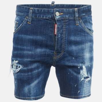 Pre Owned Dsquared2 Blue Distressed Ripped Denim Shorts M