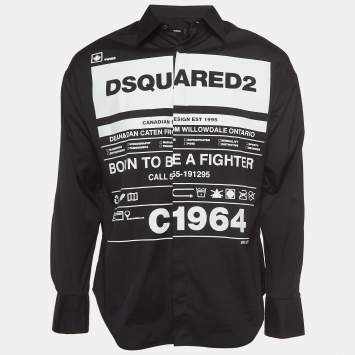 Pre Owned Dsquared2 Black Logo Print Cotton Button Front Full Sleeve Shirt XS